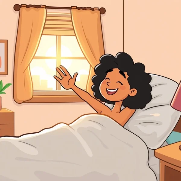 A person stretching by a window in the morning to show the adverbial phrase "in the morning"