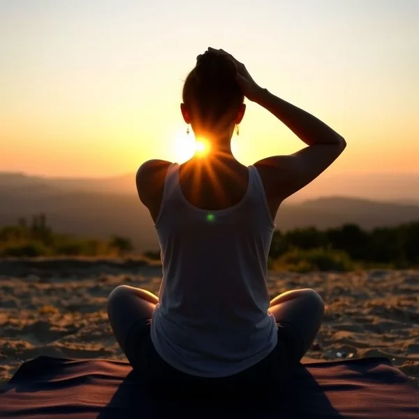 A person stretching by a window in the morning to show the adverbial phrase "in the morning"
