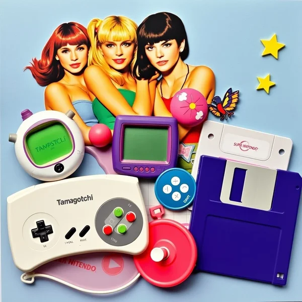 A retro photo of a cassette tape and a floppy disk, representing technology in the 1990s