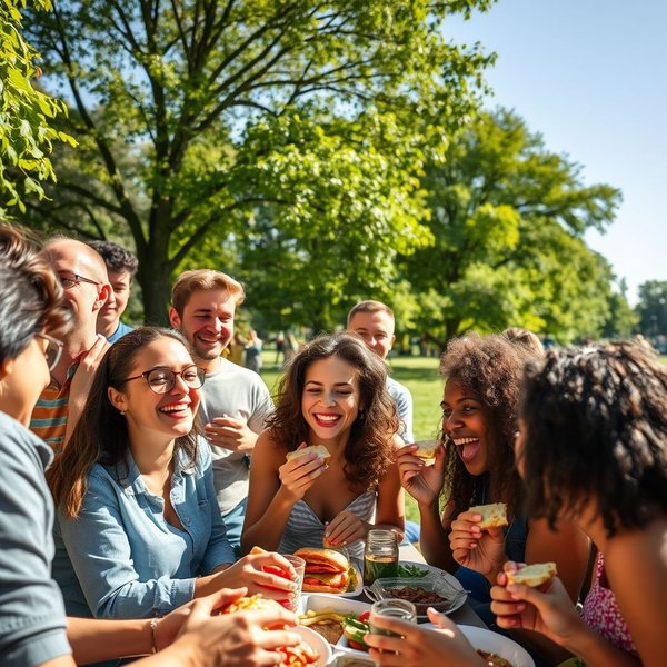 People eating sandwiches at lunchtime in a park.