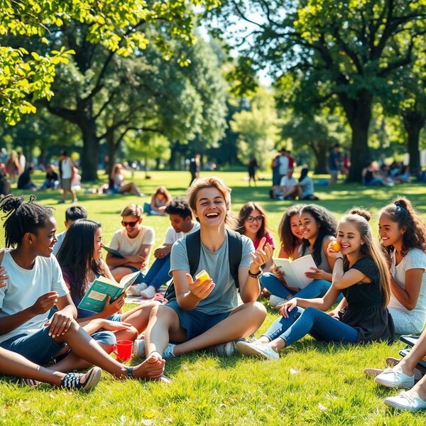 Personas comiendo bocadillos at lunchtime en un parque.