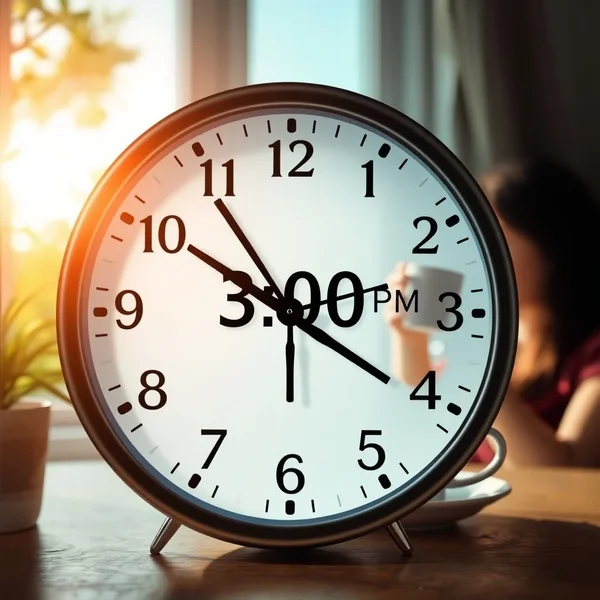 Часы, показывающие 15:00, солнце за окном, иллюстрируют фразу in the afternoon