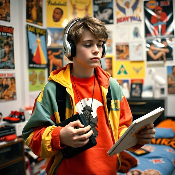 A retro photo of a cassette tape and a floppy disk, representing technology in the 1990s