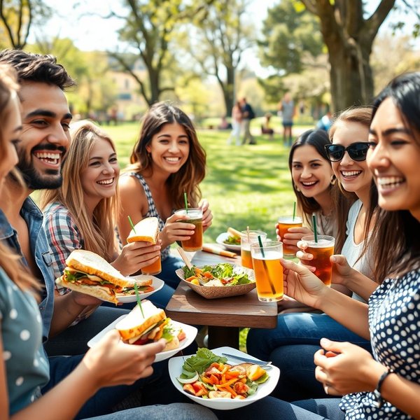 People eating sandwiches at lunchtime in a park.