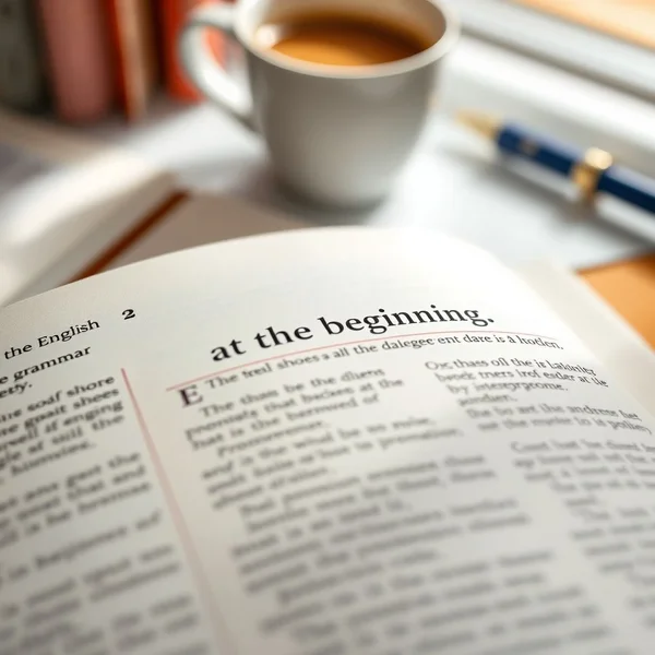 A visual guide showing the start of a book to represent the phrase "at the beginning"