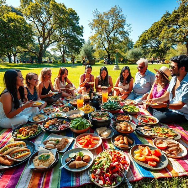Mensen eten broodjes at lunchtime in een park.