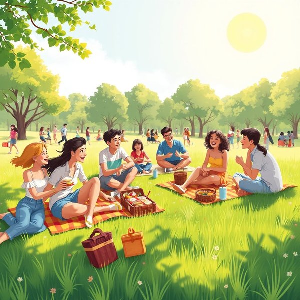 People eating sandwiches at lunchtime in a park.