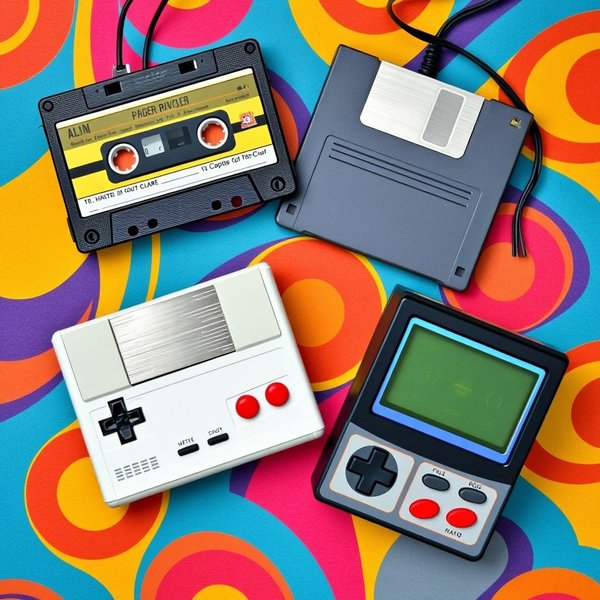 Foto retro kaset pita dan disket, mewakili teknologi in the 1990s