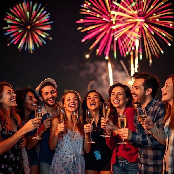 People celebrating and watching fireworks on New Year's Eve