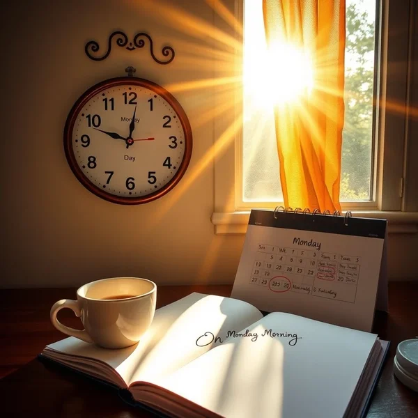 A calendar with a circle around a Monday, illustrating the phrase "on Monday morning"