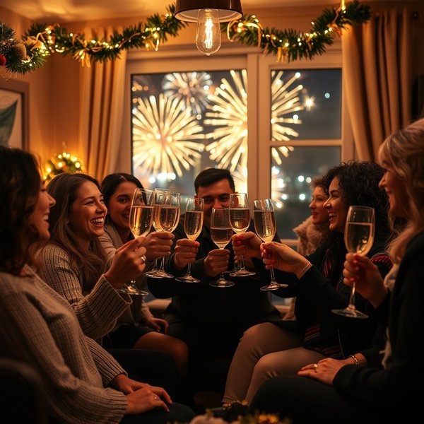 People celebrating and watching fireworks on New Year's Eve