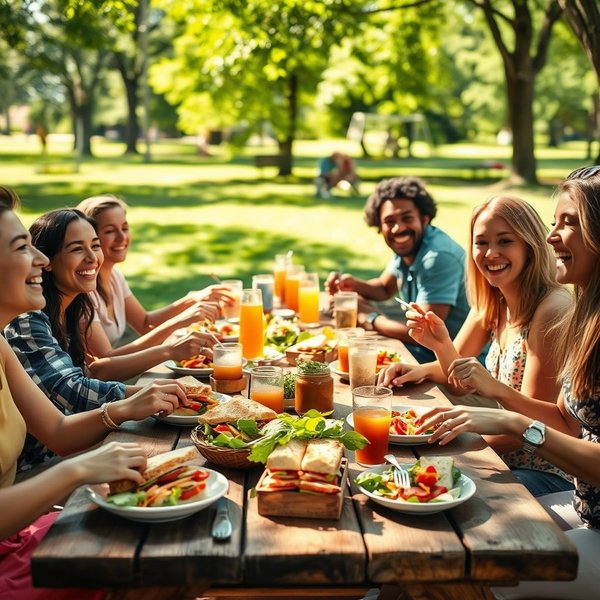 People eating sandwiches at lunchtime in a park.