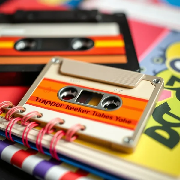 A retro photo of a cassette tape and a floppy disk, representing technology in the 1990s