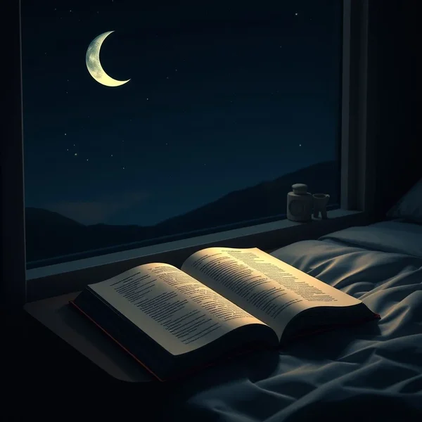 A dark sky with stars and a moon, illustrating the concept of "during the night"