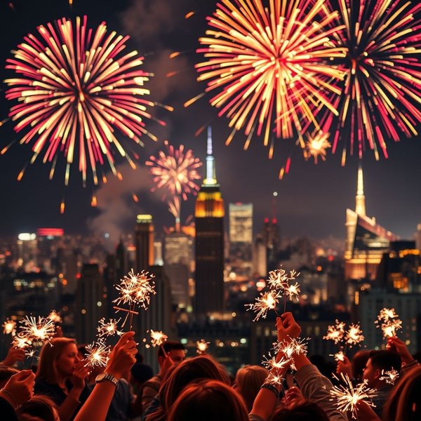 People celebrating and watching fireworks on New Year's Eve