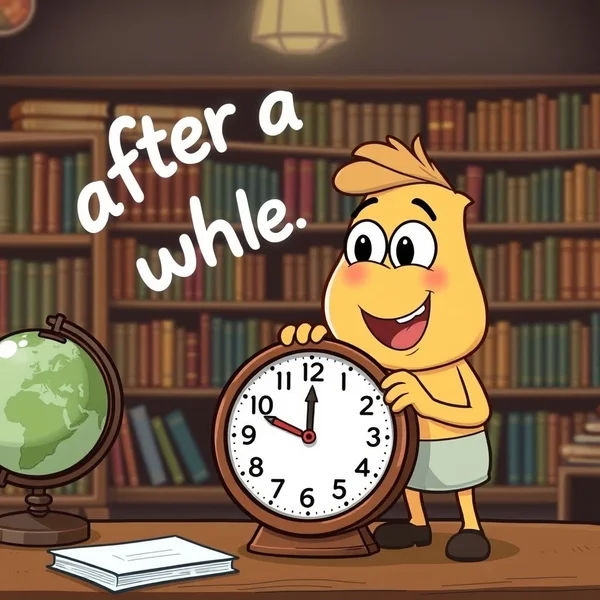 وجه ساعة يدور، يظهر مرور الوقت، ويوضح معنى after a while