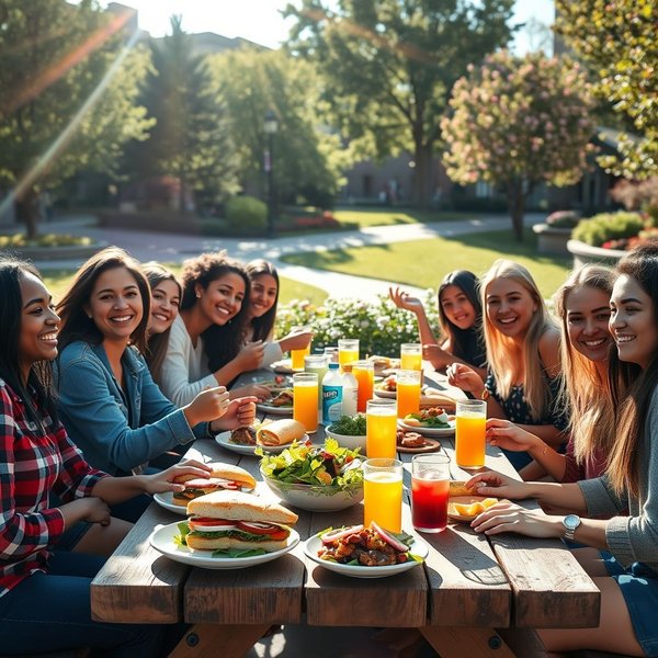 People eating sandwiches at lunchtime in a park.