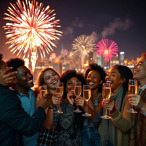 People celebrating and watching fireworks on New Year's Eve