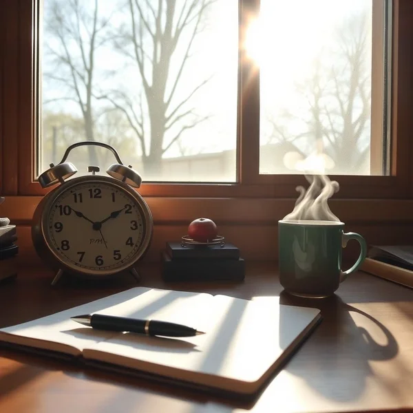 A clock showing 3 PM with a sun outside the window, illustrating the phrase in the afternoon