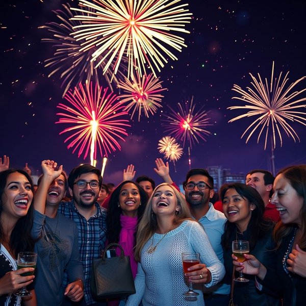 People celebrating and watching fireworks on New Year's Eve