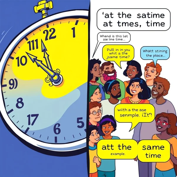 A clock showing two hands pointing to the same number to represent 'at the same time'