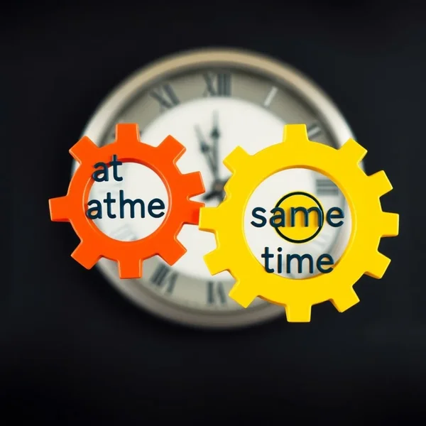 Jam yang menunjukkan dua jarum menunjuk ke angka yang sama untuk mewakili 'at the same time'