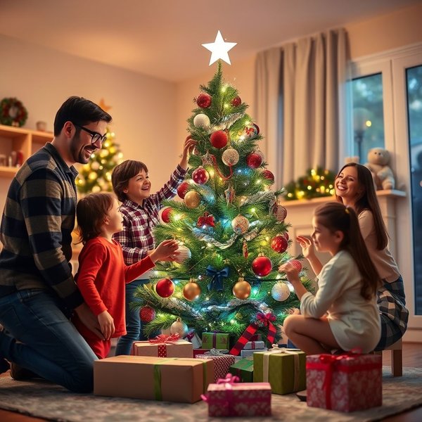 Uma família reunida ao redor de uma árvore durante Christmas