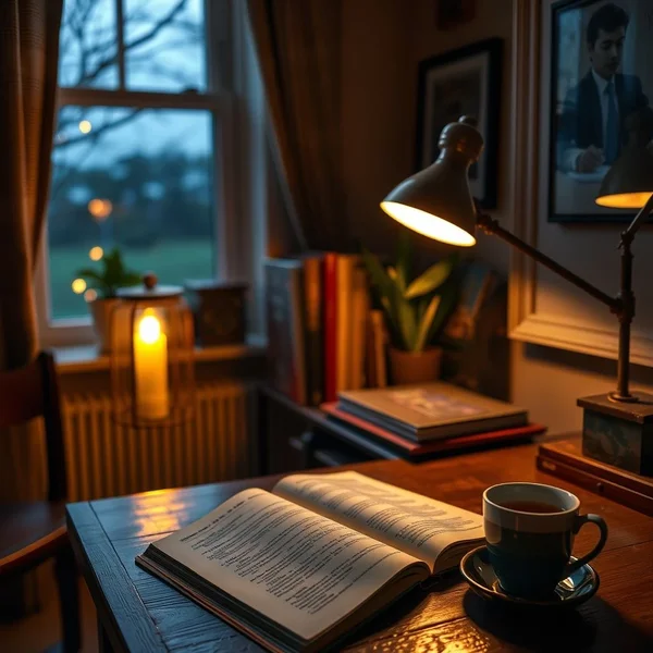 A quiet, lamp-lit street in the late evening