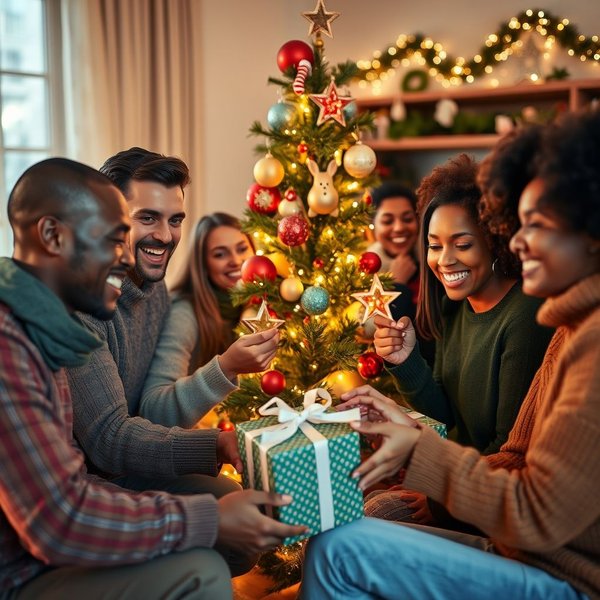 A family gathered around a tree during Christmas