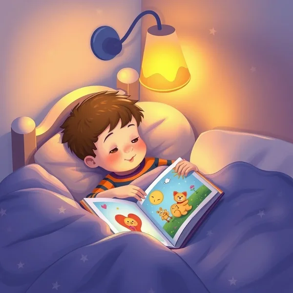 A child reading a book in bed at bedtime