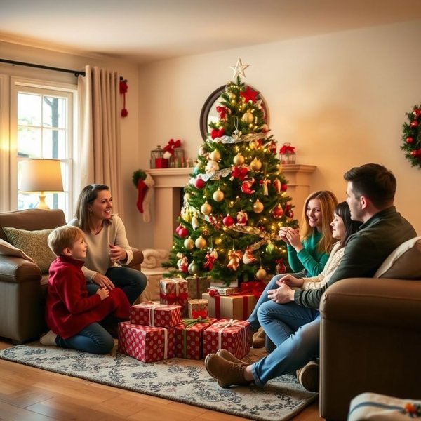 A family gathered around a tree during Christmas