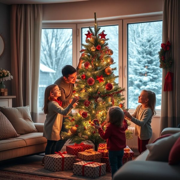 A family gathered around a tree during Christmas