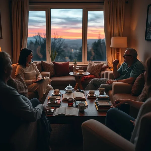 A family talking and relaxing on a sofa after dinner