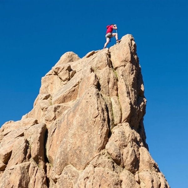 A rock climber reaching the top of a cliff after several attempts