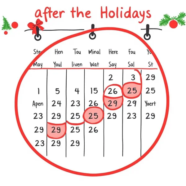 祝日の後の日付が丸で囲まれたカレンダーが、「after the holidays」という表現を示しているイラスト