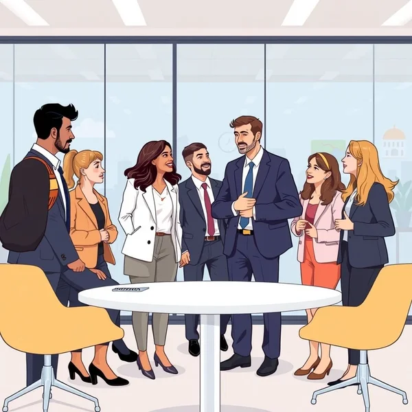 İş dünyası profesyonelleri, after the meeting tamamlandıktan sonra bir ofiste konuşuyor.