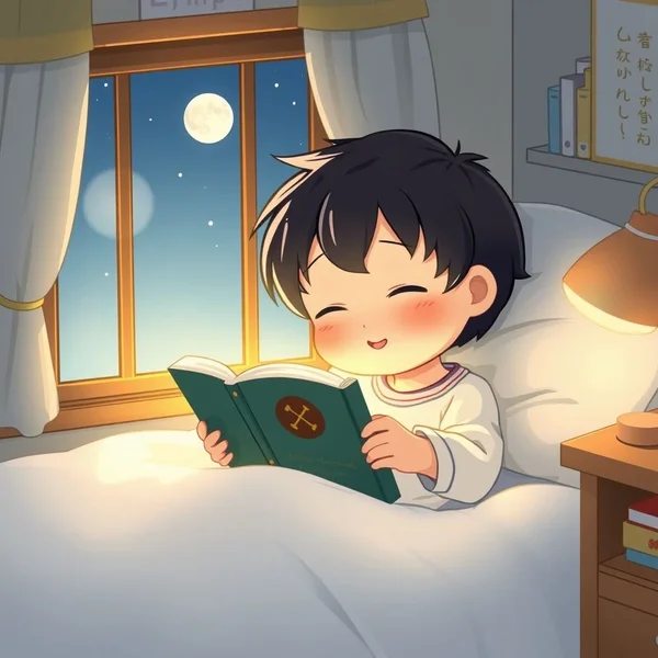 A child reading a book in bed at bedtime