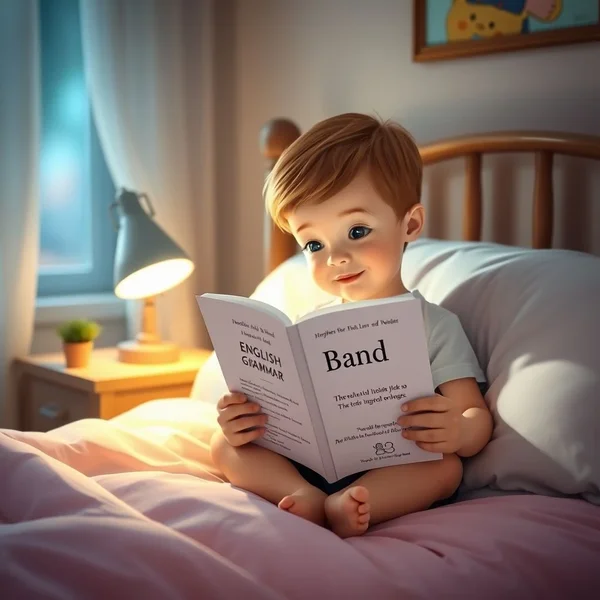 A child reading a book in bed at bedtime