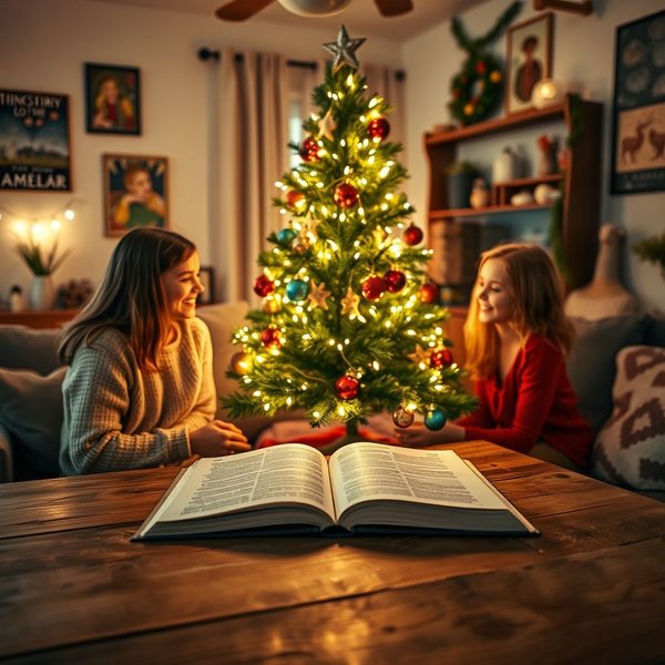 A family decorating a tree at Christmas