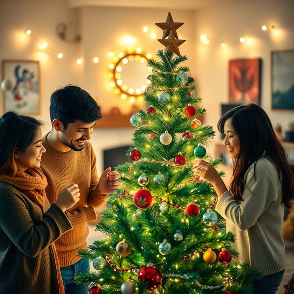 A family decorating a tree at Christmas