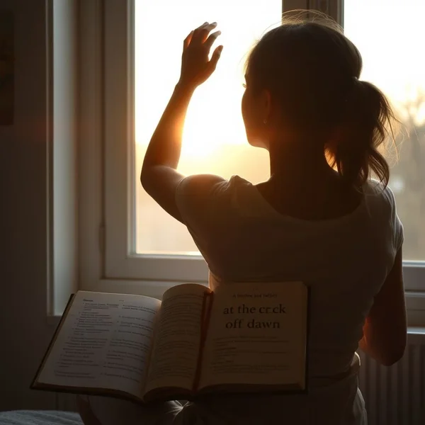 Güneşin doğuşunda uyanan bir kadın, "at the crack of dawn" ifadesini gösteriyor