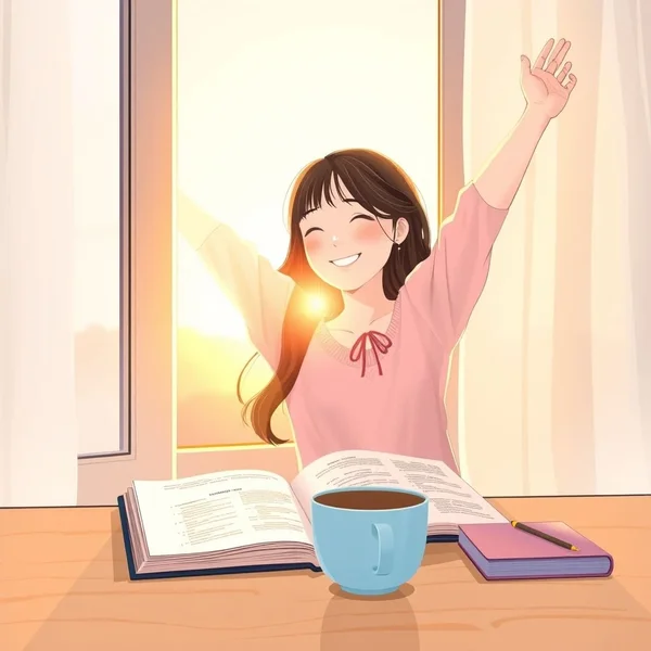 Woman waking up at sunrise, illustrating the phrase "at the crack of dawn"
