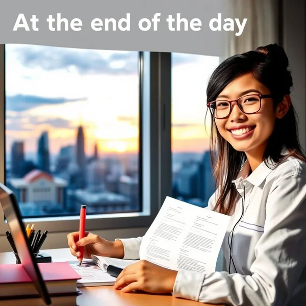 Bir şehir silüetinin üzerinde gün batımıyla birlikte "At the end of the day" yazısı