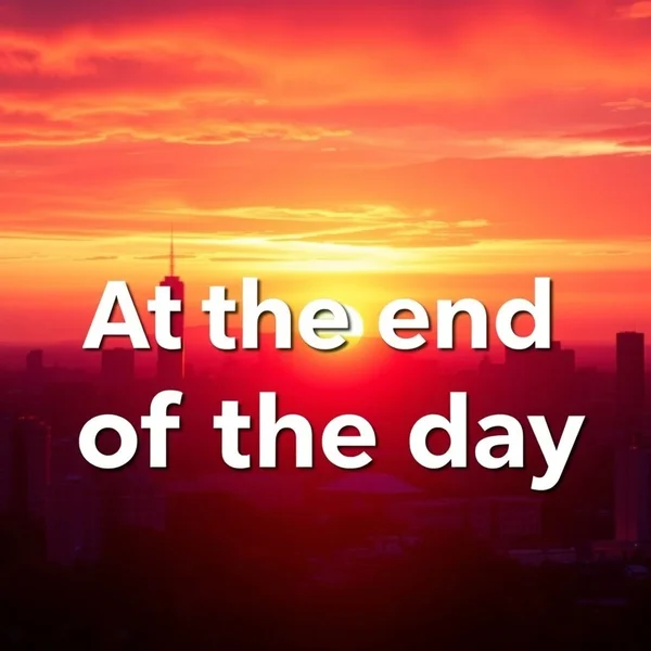 Eine Sonnenuntergangsstimmung über einer Skyline mit dem Text "At the end of the day" überlagert