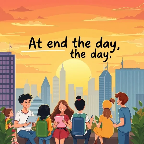 A sunset over a city skyline with the text "At the end of the day" superimposed