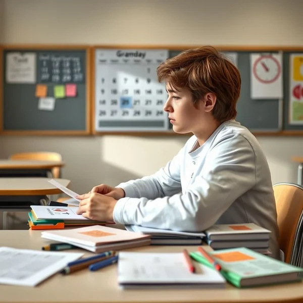 A student reviewing notes at a desk before the test