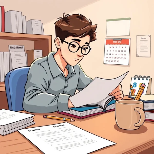 A student reviewing notes at a desk before the test