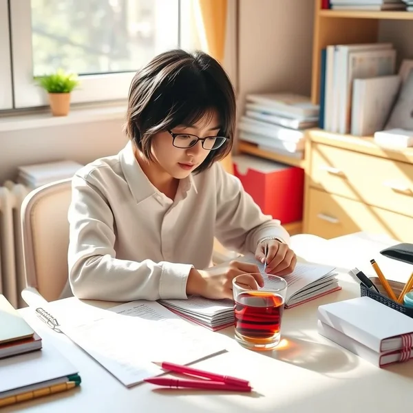 A student reviewing notes at a desk before the test