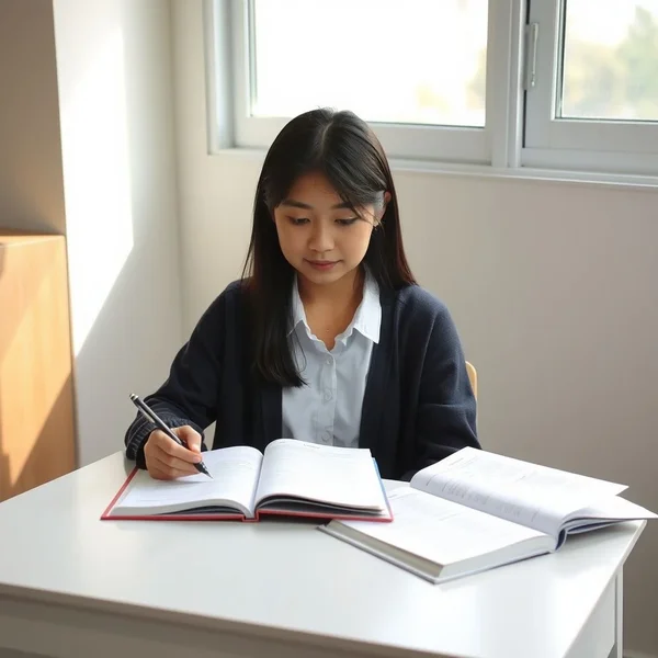 A student reviewing notes at a desk before the test