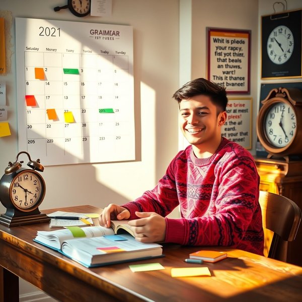 A student reviewing notes at a desk before the test